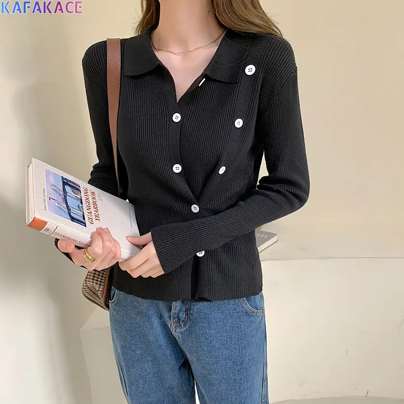

KAFAKACE 2020 Women Sweater Knitting Sexy Lapel Pullover Tops&Tees Polo Casual Show Thin Base Shirt Sweaters Buttons Women Tops