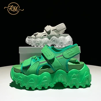 

RY-RELAA woman shoes high heels sandals women 2020 fashion Genuine Leather women sandals summer ins chunky heels wedges shoes