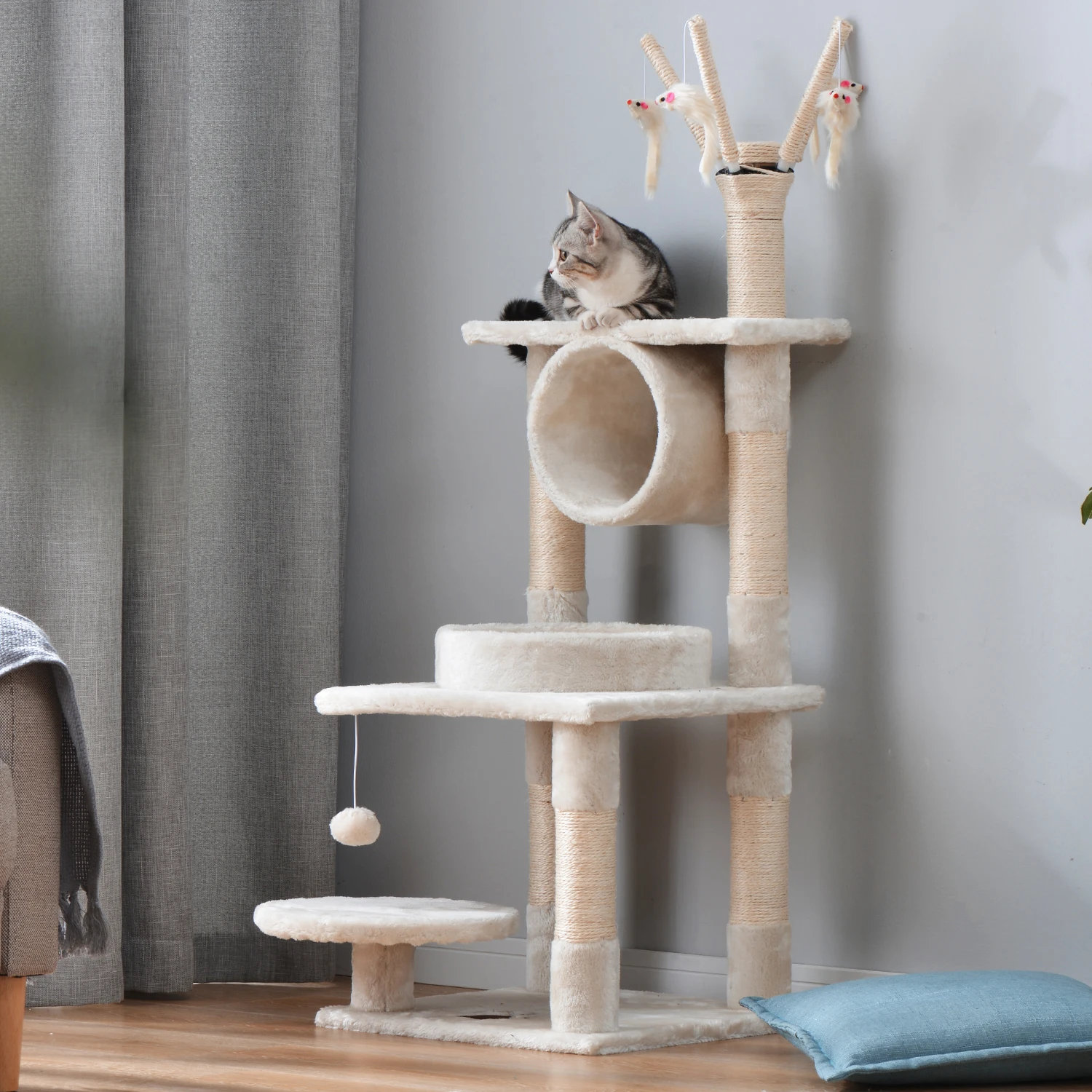 

New 124cm Small Cat Tree Tower/House Cat Scratcher Activity Centres Scratching Post Hammock Perch Cat Bed Platform Pet Supplies