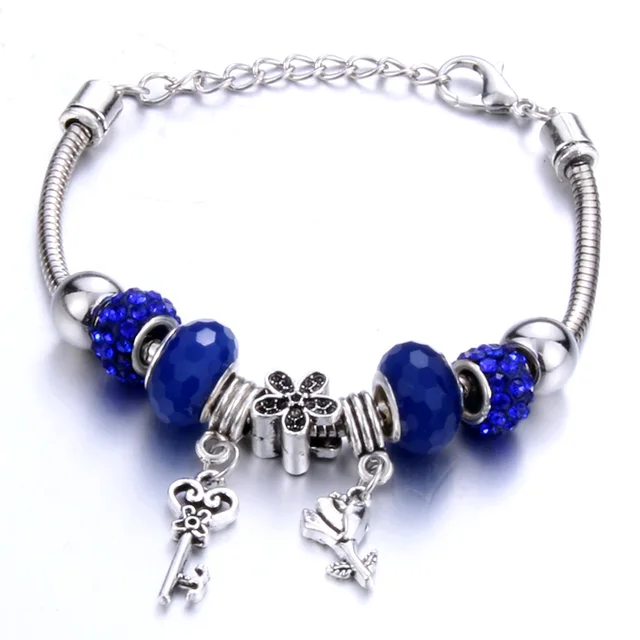 Antique Original Crown key lock Shape 6 colors Charm Bracelets For Women Glass Beads Brand Bracelet & Bangle DIY Jewelry Gifts 0016DE
