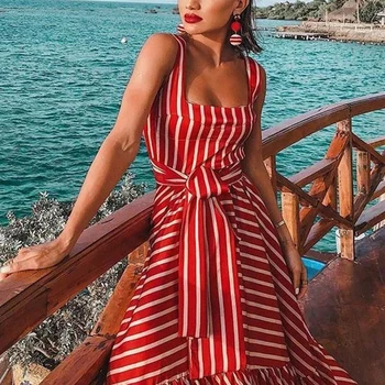 

Red Stripe Long Maxi Dress For Womens Print Plus Size Casual Summer Beach Clothes Vestidos Elegant Robe Boho Party Club Dress