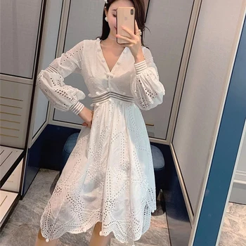 

White Hollow Out Lace Dress Women Lantern Long Sleeve V Neck Elegant Vintage Asymmetry Spring Summer Midi Beach Dress 2020 A496