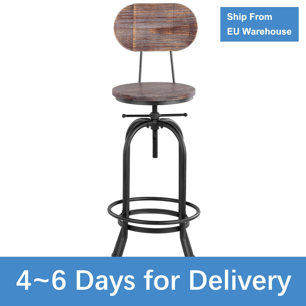 

Industrial Style Bar Stool Height Adjustable Swivel Chair Kitchen Dining Chair Pinewood Top + Metal With Backrest