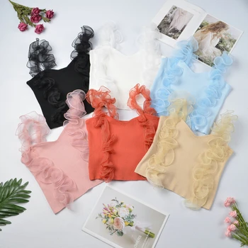 

Super Cheap and Chic Women Ruffle Mesh Patchwork Knitted Tank Top Casual Sexy Top