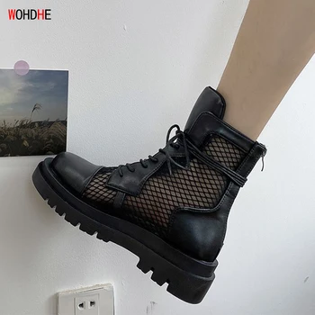 

Wohdhe 2020 Women Summer Autumn Ankle Boots Zip Cross-tied PU Leather Bootines Platform Hollow Out Flat Boots Zapatos De Mujer