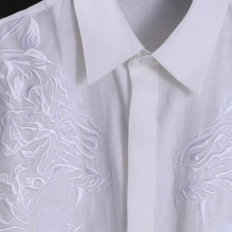 Рубашка с леопардовой вышивкой, мужская,, длинный рукав, тонкая, Chemise homme, Комфортный хлопковый льняной одежды, мужские повседневные мужские рубашки