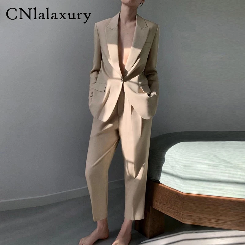 Spring Autumn Women Vintage Khaki 2 Piece Set Loose Blazer Jacket Coat And Zipper Pant Suits OL Work Office Trousers Female Tops | Женская