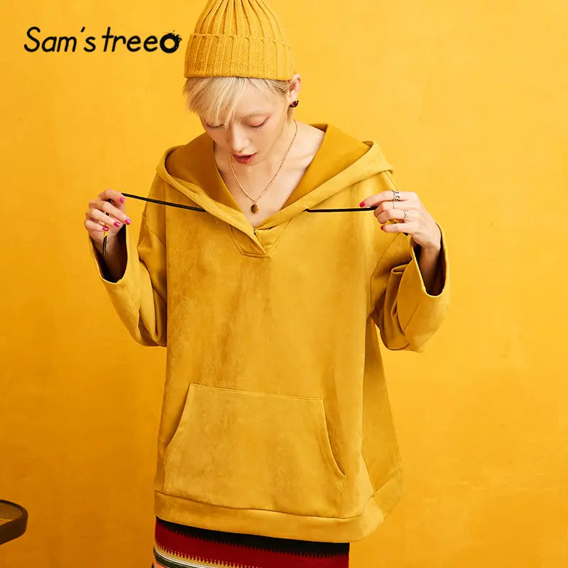 

SAM'S TREE Yellow Solid Suede Velvet Hoodies Sweatshirts Women 2019 Autumn Drawstring Loose Sleeve Oversived Office Ladies Tops