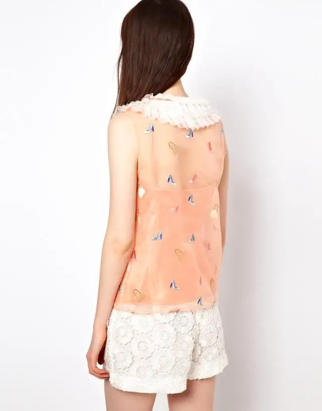 Summer Princess Collar Sleeveless High Heels Embroidered Silk Collar Shirt Women