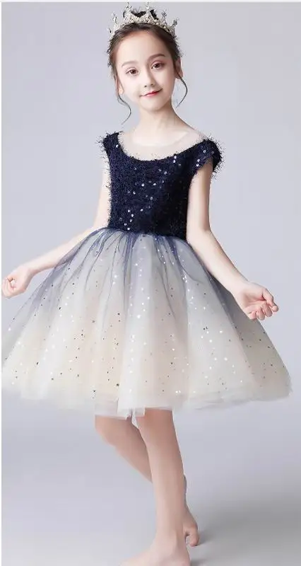 Свитер с блестками, платья для девочек, блестящие газовые Платья с цветочным узором для девочек, вечерние платья на свадьбу, одежда для малышей, От 3 до 12 лет, E92459