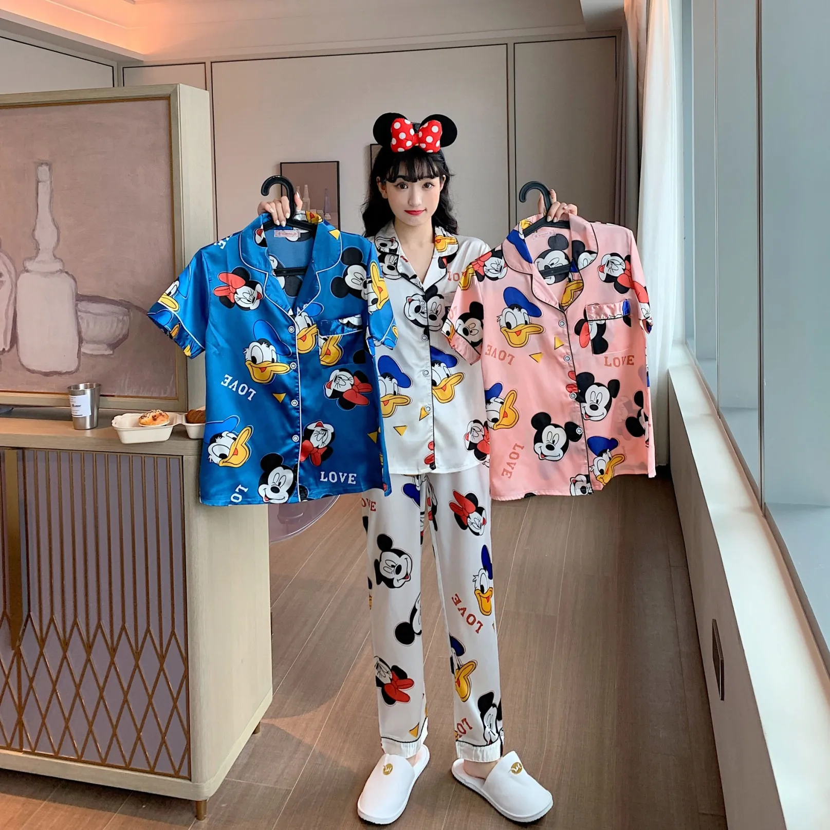 Disney Cute Silk Pajamas for Women Fall Home Suit Mickey Mouse Pyjamas Pj Set Satin Nightwear Sleepwear 2021 Pijama Verano Mujer
