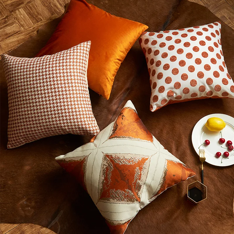 

Light Luxury Orange Grid Sofa Cushion Covers Dots Pattern Geometric Waist Pillowcases Home Bed Decoration Pillow Cases Covers