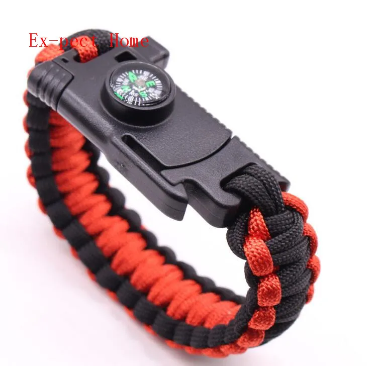 Wholesale 200pcs/lot outdoor survival compass paracord Whistle Gear Buckle Camping rescue rope escape Bracel
