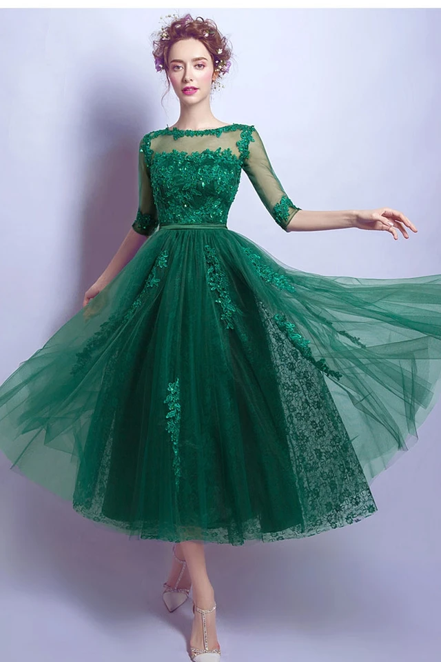 green tea length formal dresses