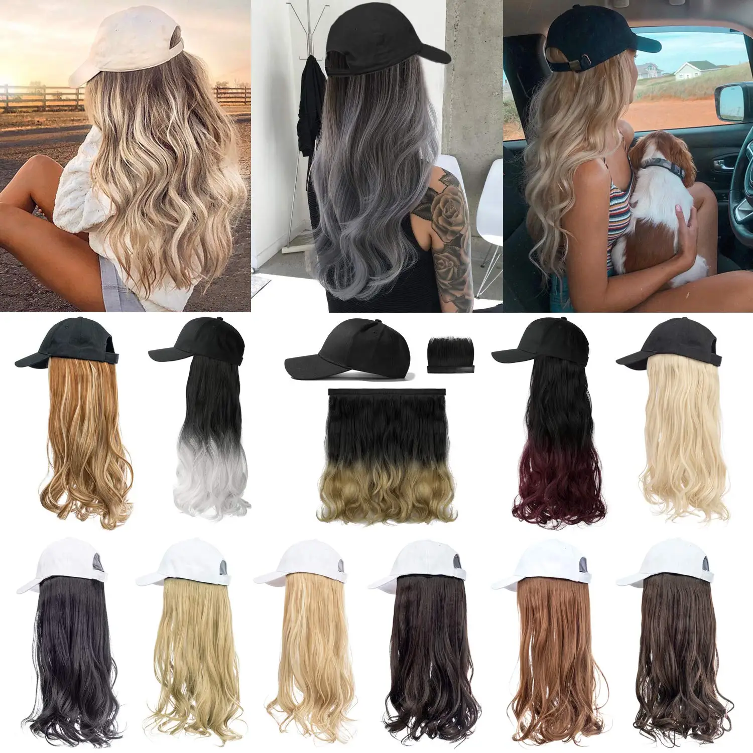 SHANGZI-gorra de béisbol sintética de largo ondulado para niña, pelucas de cabello blanco y negro, sombreros de peluca removibles naturales, peluca de sombrero sintético Natural