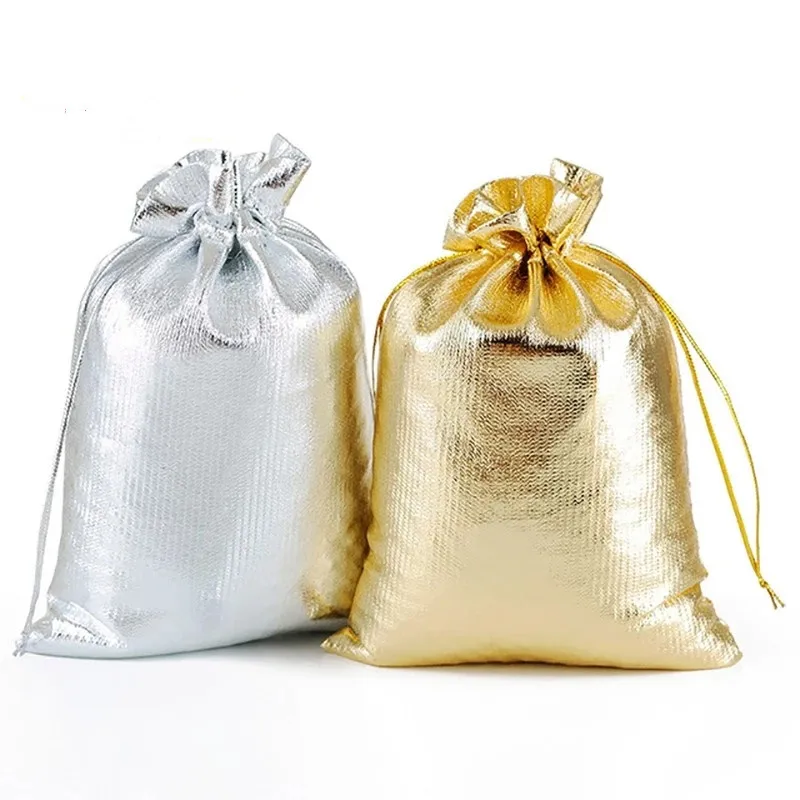 50Pcs/lot 7x9cm 9x12cm Gold Color Silver Color Adjustable Jewelry Packing Bags For Party Candy Drawstring Wedding Gift Bags