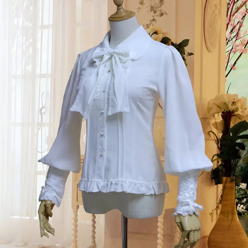 Full White Платье рубашка Стимпанк Викторианский костюм для женщин Винтаж Slim Fit Шифоновая Блузка Лолита галстук-бабочка фонари рукава Топ коса для леди - Цвет: Full White
