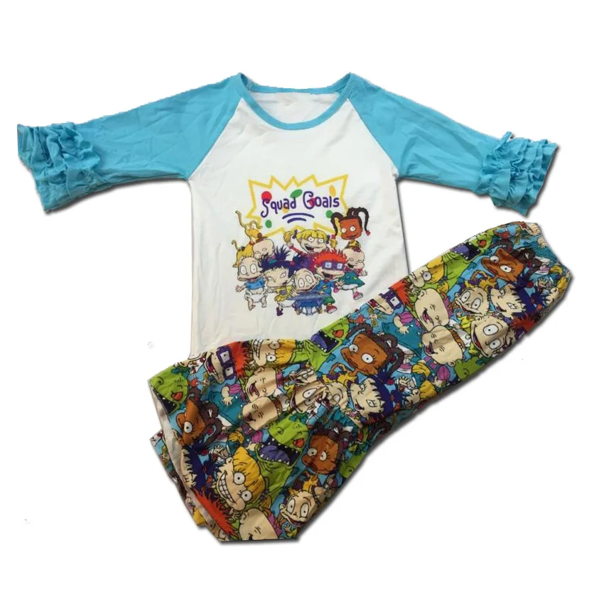 

kids clothing set with cute cartoon fabric ruffle sleeve bell pants