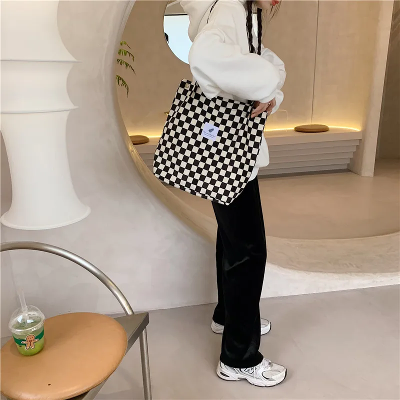 Chess Print Women Corduroy Canvas Tote Handbag Books Shoulder Bags Ladies Cloth Shopping Bag Vintage Plaid Design Cotton Purse