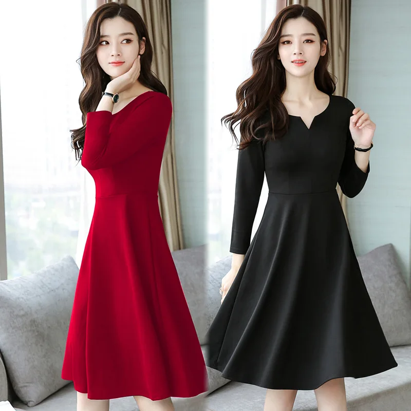 

2018 Autumn And Winter New Style Korean-style Mid-length Fat Mm Plus-sized Dress Big Skirt Black Dress