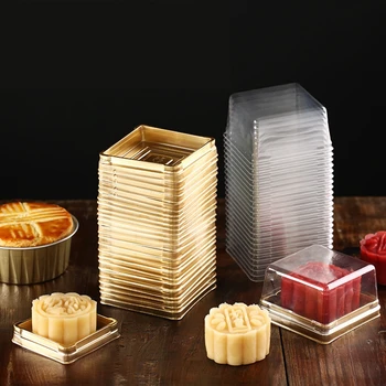 

100Pcs(50Set) Wholesale 50/80/100g Moon Cake Trays Moon Cake Packaging Boxes Gold Plastic Bottom Transparent Cover