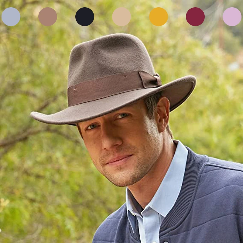 Sombreros de fieltro lazo para hombre, de ala ancha de Panamá, color caqui, clásicos, clásicos, británicos, formales, Otoño e Invierno|Fedoras para hombre| -