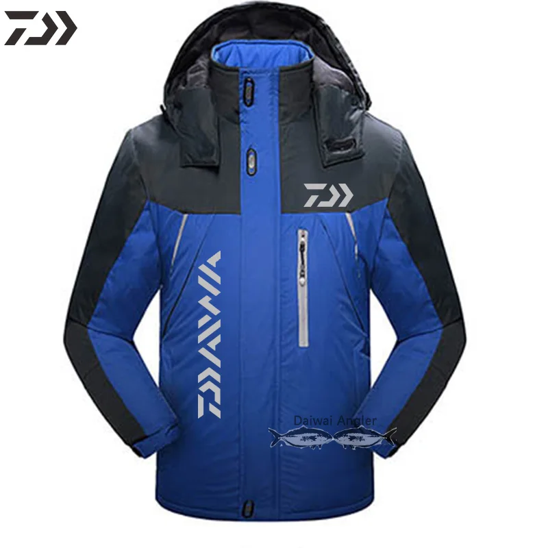 Водонепроницаемая куртка для рыбалки Daiwa из толстого хлопка, теплая зимняя мужская M-5XL одежда для рыбалки с капюшоном для пеших прогулок, ветрозащитная прочная одежда - Цвет: Blue 1