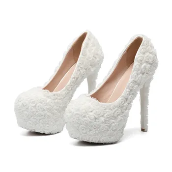 

2019 HOT White Rose Flower Lace Wedding Shoes High Heel 14CM Bridal Shoes Princess Pumps Platform Shoes Women Plus Size 34-43