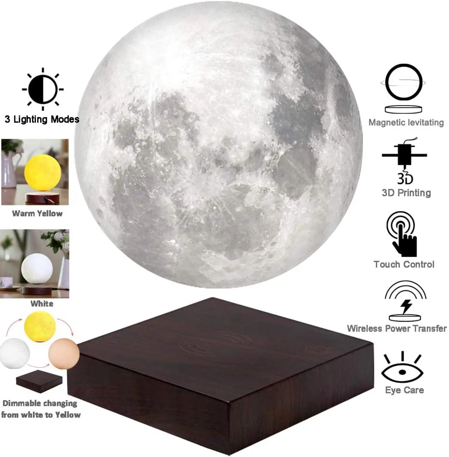 

2020 Creative 3D print Magnetic Rotating Levitation Moon Lamp Night Light 14cm Led table lights for indoor Home Decoration