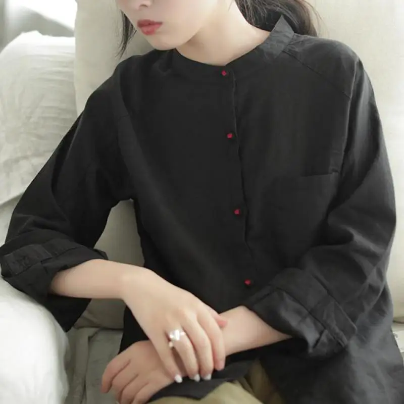 

Autumn Cotton Linen Solid Color Stand Single Breasted Women Cardigan Shirts 2019 New Simple Vintage Women Tops Shirts