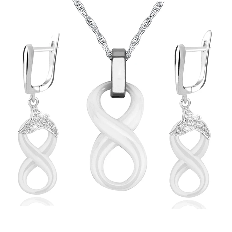 

Infinity Symbol Jewelry Accessories For Women Elegant Ladies Number 8 Shaped White Ceramic Earrings & Long Pendants Necklace Set