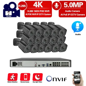 

HKITISTE H.265+ 4K 16CH 5MP POE NVR Recorder 48V 5.0MP POE security System Camera kit IP66 Waterproof Audio Record Camera 4TB