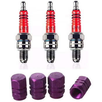 

4Pcs Purple Hexagon Aluminum Alloy Tire Valve Caps for Car Auto & 3Pcs A7TC, Triple Electrode Spark Plug
