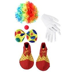 Rainbow Clown Costume Props Set Wig Red Sponge Nose Dots Bow Tie Gloves Clown Shoes Set Adult Kids Halloween Clown Cosplay Props