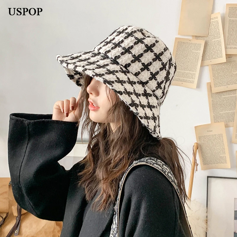 

USPOP 2019 Winter hats women bucket hats fashion tweed plaid bucket hat female thick warm hats wide brim sun hats