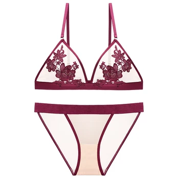 

Women's sexy see-through underwear no steel ring triangle cup comfortable bra ultra-thin ladies breathable bra set WT051