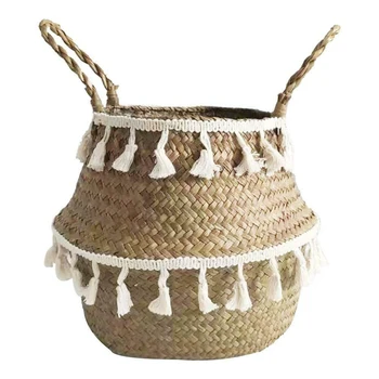 

Flowerpot Foldable Flower Storage Natural Vase Home Decor Garden Plant Hanging Macrame Holder Woven Basket Tassel With Handle