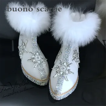 

Novice sewing hand-made rhinestones real fox fur super beauty pointed inside plus velvet snow boots women's boots
