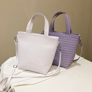 

Fashion Knit Woven Shoulder Handbag For Women PU Leather Female Bucket Travel Shopping Casual Messenger Crossbody Bag for Ladies
