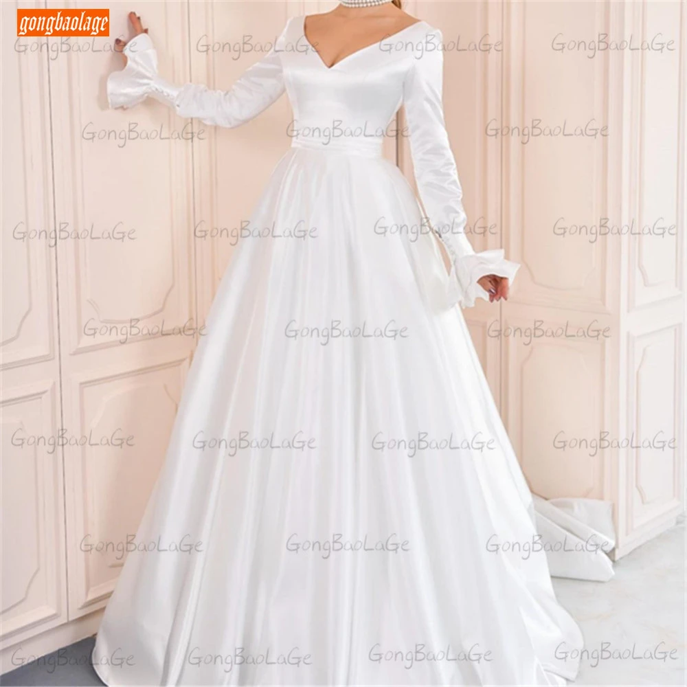 Fashion White Wedding Dresses 2021 robe de mariee V Neck Flare Sleeves Lace Up Satin Bridal Gowns Custom made vestido de noiva gown for wedding