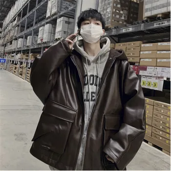 

Winter New Leather Coat Men's Warm Fashion Parka Men Solid Color Casual Hooded Coat Man Loose Thick Leather Jacket Male Clothes