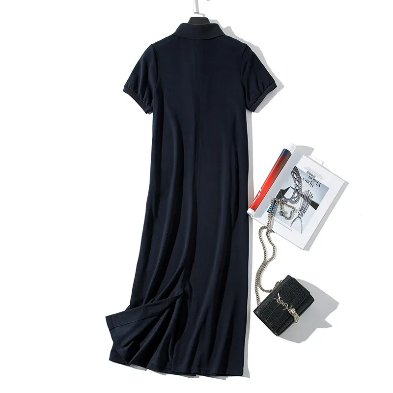 Bee Print Long Knee-Length Shirt Dresses Women 2019 Casual Turn-down Polo Straight Dress Female Pockets Cotton Clothes