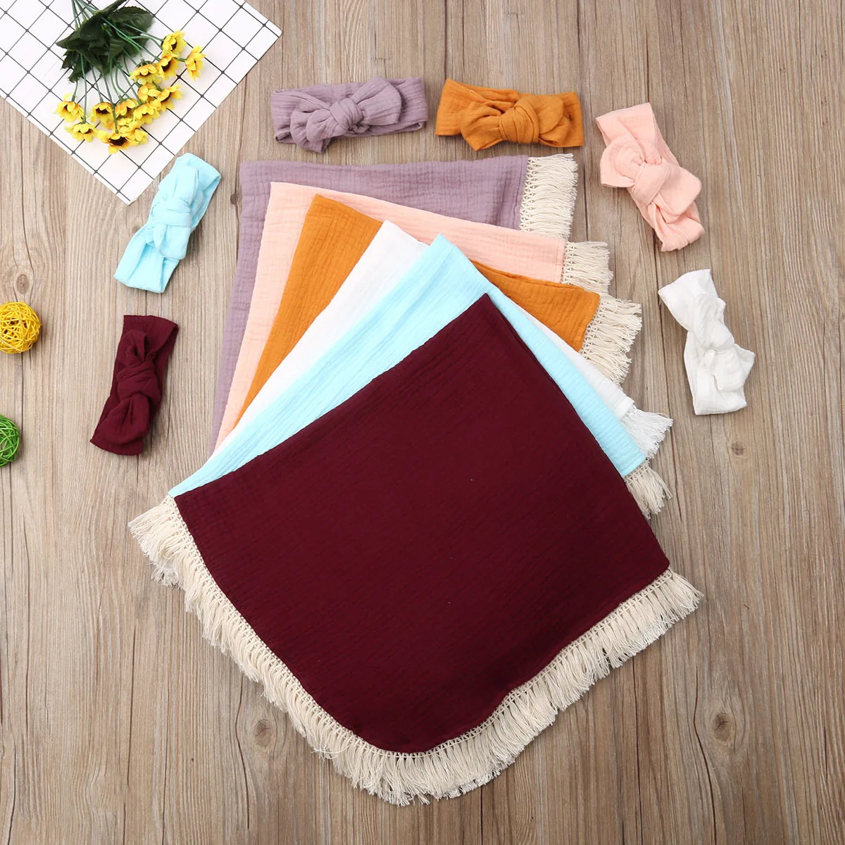 

Fashion Newborn Baby Solid Cotton Tassels Swaddle Wrap Swaddling Blanket With Headband