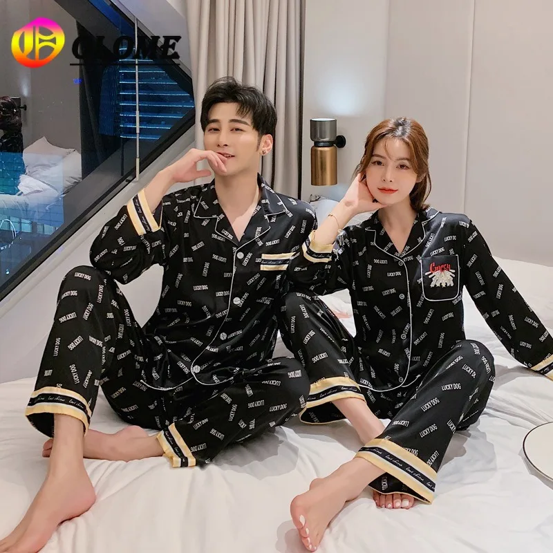 

Autumn and Winter Lovers Couples Pajama Sets Moon Suit Square Collar Letter Korean Ice Silk Men's Home Service Long Sleeve