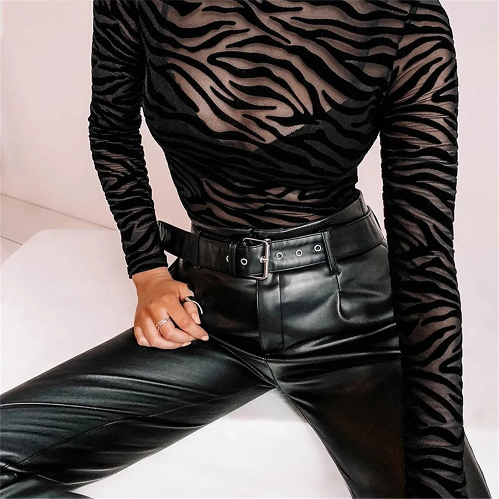 

Three Ratels Personality Belt Casual Leather Ankle Length Pant Elegant Elastic Slim PU Leather Straight Pants Black Streetwear