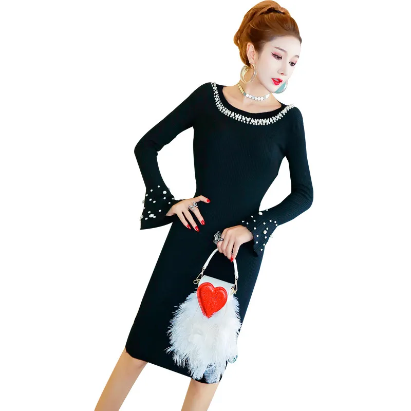 

2022 Fashion Women Knitted Dress Autumn Winter Elegant O-neck Long Flare Sleeve Solid Pearl Beaded Slim Pullover Sweater Dress