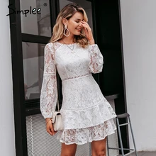 Simplee Elegant lace transparent dress Puff sleeve floral long sleeve white dress High waist ruffle office lady autumn vestidos