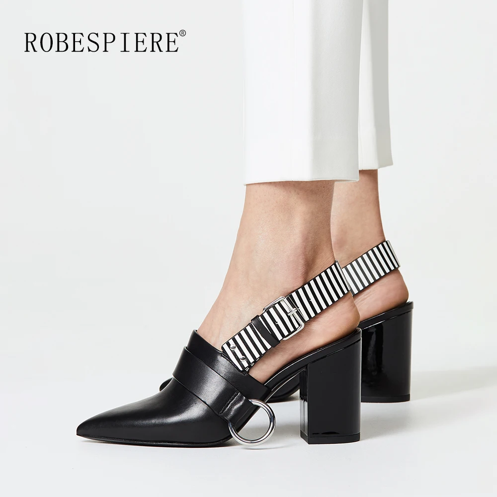 ROBESPIERE/женские туфли-лодочки с острым носком на толстом каблуке; дизайнерская женская обувь из натуральной кожи с пряжкой; элегантная женская обувь в европейском стиле; A152