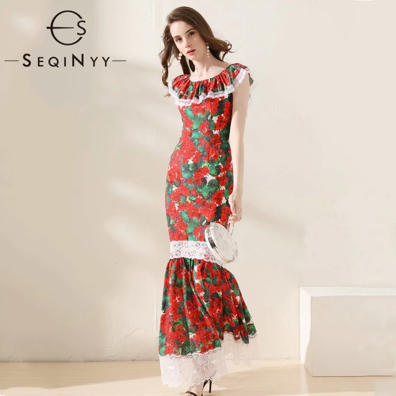 

SEQINYY Elegant Long Dress 2020 Summer New Fashion Design White Lace Ruffles Red Hydrangea Printed Dress Maxi Women Slim Sheath