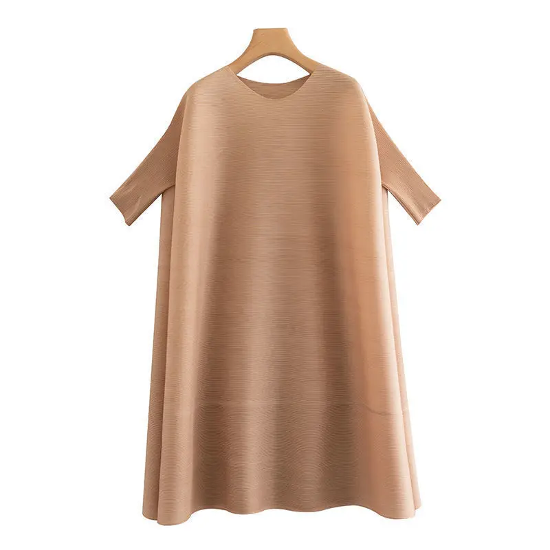 

Dress For Women Summer high solid simple fashion shake skirt short sleeve 2023 new round neck basic loose pleated dress Clothing